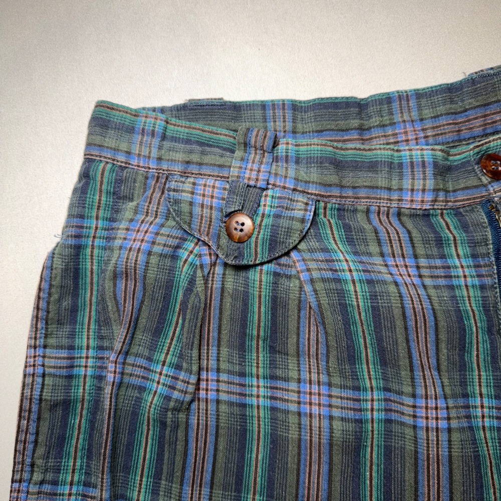 VTG Crew Tartan Plaid Shorts Mens 34 Pleated Green Blue Cotton Grunge Loose 90s